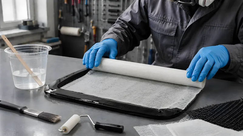 Abreißgewebe (Peel Ply) wird in einem Stück auf das noch feuchte Carbon-Laminat aufgerollt