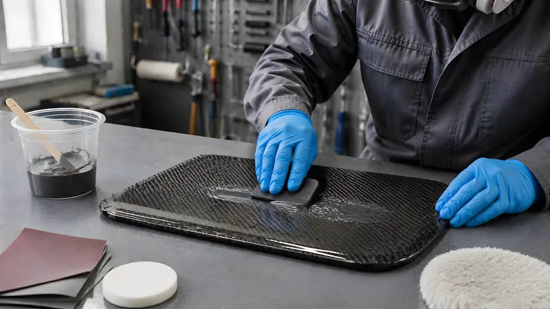 Porenfüller wird mit dem Spachtel in die Pinholes des ausgehärteten Carbons einmassiert